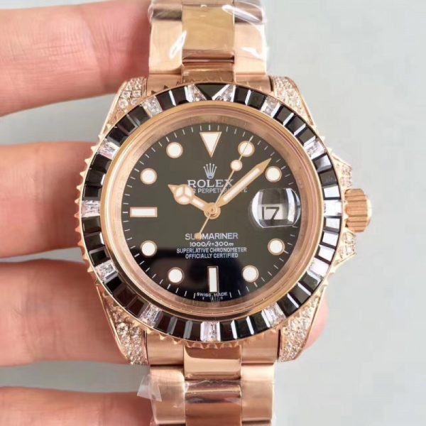 Replica Rolex Submariner Date 116618LN BP Rose Gold & Diamonds Black Dial Luxury 2836-2