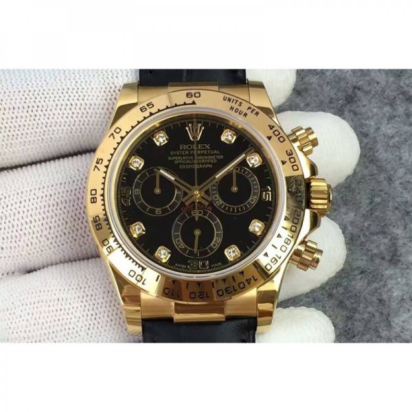 Replica Rolex Daytona Cosmograph 116518 JH Yellow Gold Diamonds & Black Dial Luxury 4130 Run 6@SEC