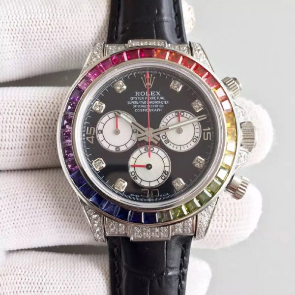 Replica Rolex Daytona Cosmograph 116599 Rainbow Stainless Steel & Diamonds Black Dial Luxury 7750 Run 6@SEC