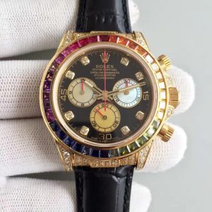 Replica Rolex Daytona Cosmograph 116598 Rainbow Yellow Gold & Diamonds Black Dial Luxury 7750 Run 6@SEC