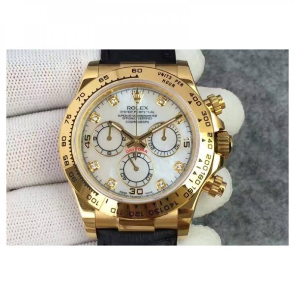 Replica Rolex Daytona Cosmograph 116518 JH Yellow Gold Diamonds & Pearl Dial Luxury 4130 Run 6@SEC