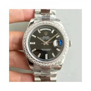 Replica Rolex Day-Date 40 228349RBR 40MM KW Stainless Steel & Diamonds Black Dial Luxury 3255