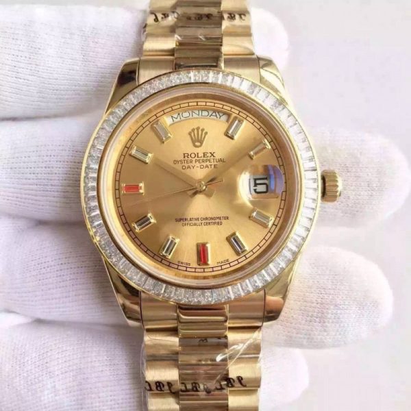 Replica Rolex Day-Date II 218238 41MM KW Yellow Gold & Diamonds Champagne Dial Luxury 3255